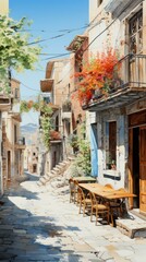 A narrow street with a table and chairs outside a restaurant