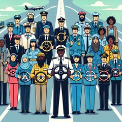 People of different professions on the road. Vector illustration in cartoon style