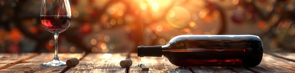 red wine bottle lying on the wooden table