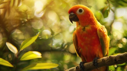 Bold Sun Conure on Tree Branch. Avian Bond with Colourful Bird on Natural Background