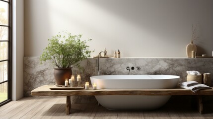 Bathroom With Large Bathtub and Natural Elements