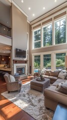 Fototapeta premium Modern living room interior design with large windows and high ceiling
