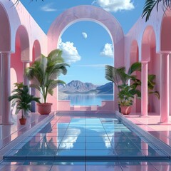 Pink surreal landscape with blue sky and water