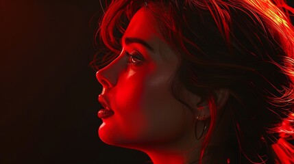 Craft a digital rendering of a cinematic Lady in red from a side angle, reminiscent of classic movie scenes Employ photorealistic techniques to enhance her allure and grace, set boldly against a deep