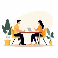 Business meeting of a man and a woman sitting at a table and talking