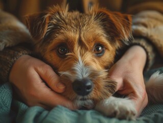 A cute brown and white dog is lying on a person's lap.