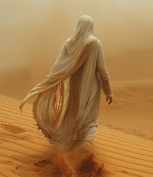 A woman in a white dress walks through the desert