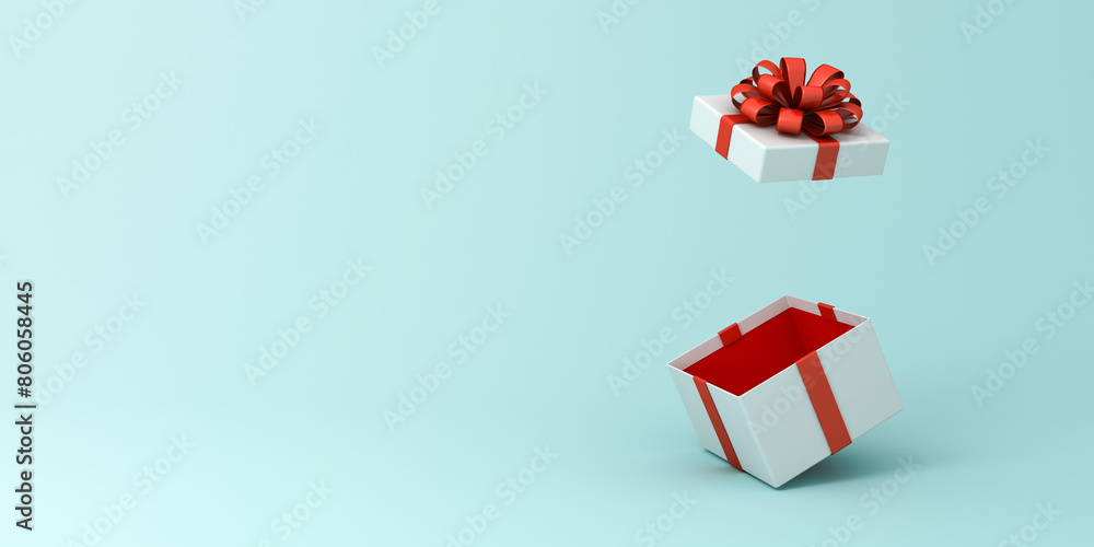 Aufkleber Open gift box or white present box with red ribbon and bow isolated on light blue pastel color background with shadow and blank copy space minimal concepts 3D rendering