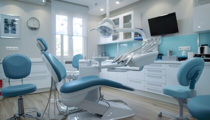 dental clinic exam room, dental chair and tools
