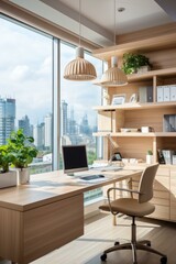 Modern Office Interior Design With Desk, Computer, Chair, And Plants