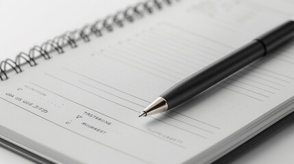 Close-up of a business planner with sections for goals, strategies, and outcomes, isolated on a solid light gray background,