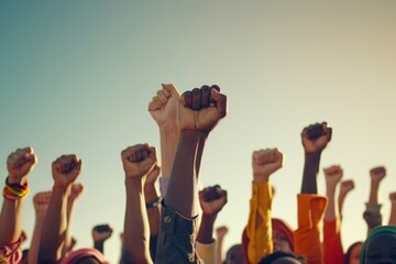 A powerful image of a diverse group of ethnic people raising their fists in solidarity - obrazy, fototapety, plakaty