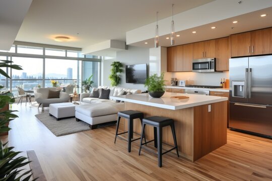 An open-concept living space with a modern kitchen and a large living area
