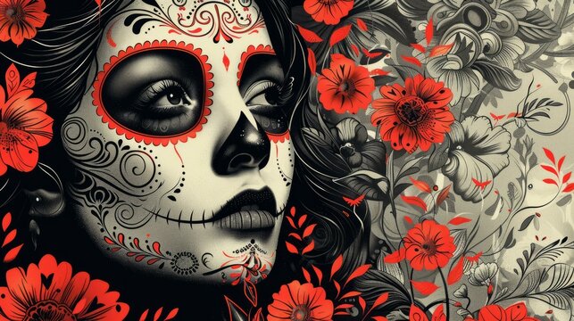 A woman with a skull face paint and red flowers