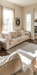 Bright living room with white sofa and large windows