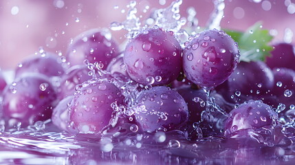 water splashing onto a purple grape, in the style of cleared background, Fresh, clean fruit juice...