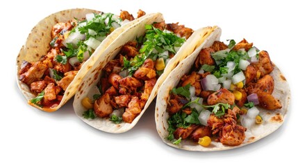 Chicken Street Tacos with Spicy Flavors and Refreshing Salsa on a White Background. 