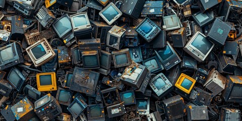 A pile of discarded televisions with a yellow television in the foreground