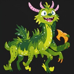 Fototapeta premium Cartoon green dragon on a black background. Vector illustration for your design