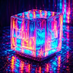 Glowing neon cube on a dark background. Abstract colorful background.