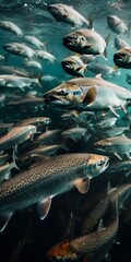 A large school of sockeye salmon swim underwater