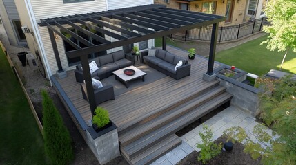 A neatly staged outdoor deck renovation with fresh staining and modern outdoor furniture under a newly installed pergola.