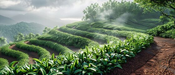 Fresh Tea Leaves in the Morning Sun, Hillside Tea Plantation Offering a Refreshing View and Aroma
