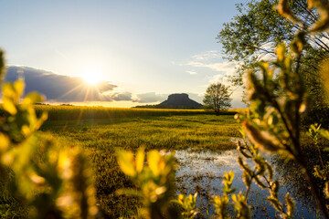 Sonnenuntergang am Lilienstein mit einem See Reflektion in der Sächsischen Schweiz Nationalpark in Sachsen Deutschland © Dominic Wunderlich