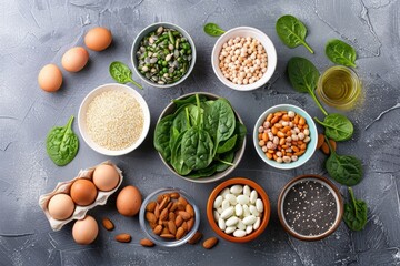 B6 Vitamin Rich Foods. Set of Healthy Products with Vitamin B6, Including Spinach, for Nourishing