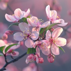 Obraz premium Pink cherry blossom flowers with green leaves