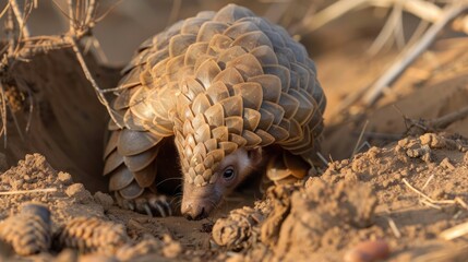 Obraz premium Armored Insectivore: Pangolin Feeding on Ants in African Habitat