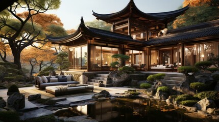 Obraz premium Courtyard of a traditional chinese house with a pond and a seating area