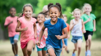 Fototapeta na wymiar A group of children are running in a field