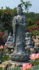 Fototapeta na wymiar Stone statue of Avalokiteshvara Bodhisattva in the lotus pond