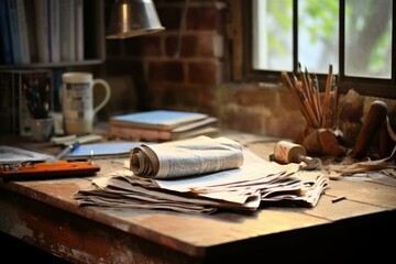 A desk full of newspapers and other items