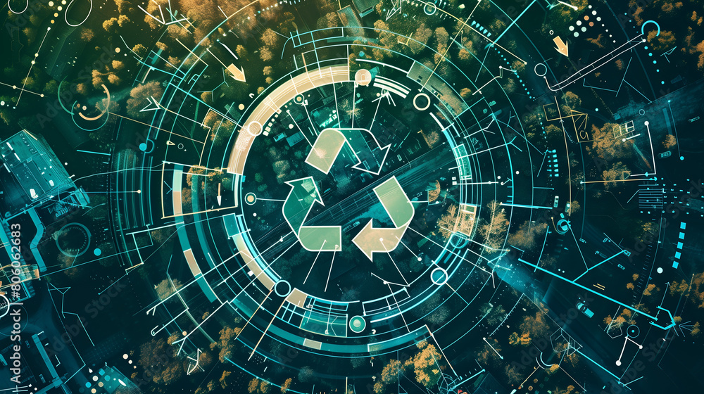 Poster an intricate network of circular arrows symbolizing resource efficiency and the circular economy con