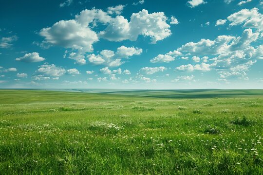 Green rolling hills under blue sky and white clouds
