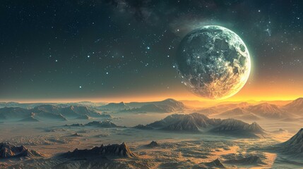 An illustration of a large moon rising over a mountainous landscape - Powered by Adobe