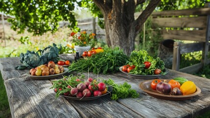 A rustic wooden table set with plates of colorful organic vegetables, freshly harvested from a local farm, under the shade of a large tree.