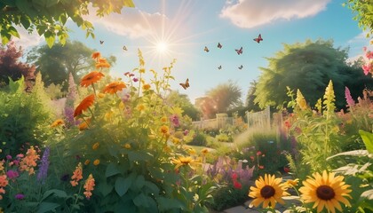 Happy summer season background with having garden full of flowers summer trees butterflies clouds...