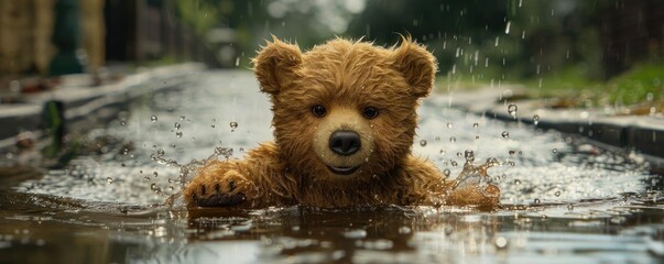 Give BB Bear a playful expression as he splashes in a puddle on a rainy day