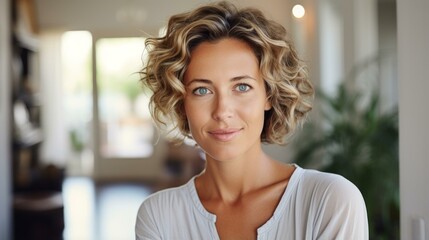 Fototapeta premium Portrait of a smiling woman with short blonde hair and blue eyes