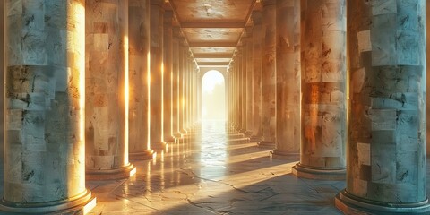 Fototapeta premium The grand corridor with marble columns and sunlight shining through the end of the corridor