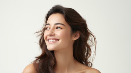 Portrait of a beautiful young woman with brown hair and light makeup smiling and looking away from the camera