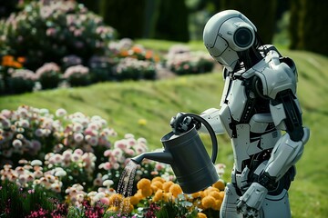 Robot is watering flowers in a garden