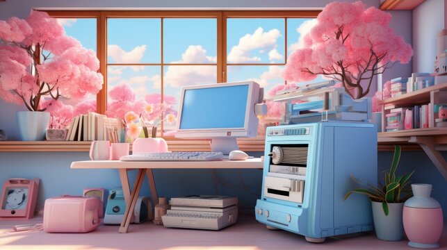 vaporwave aesthetic pink blue pastel computer technology 90s