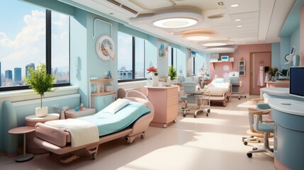 A modern hospital room with three beds