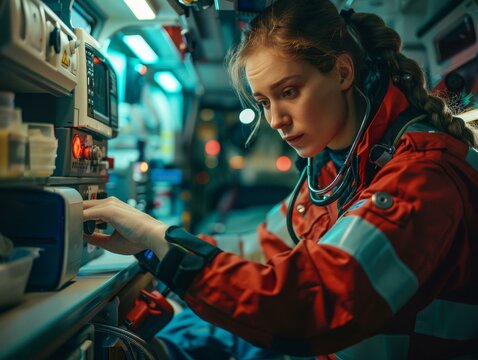 A female paramedic is monitoring a patient's vital signs in the back of an ambulance.