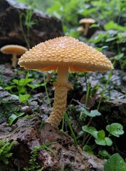Fototapeta premium A large orange mushroom with a white stem growing in a forest