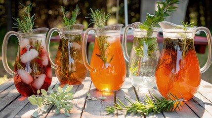 A selection of artisanal iced herbal teas displayed in clear pitchers, each garnished with herbs like rosemary and thyme, on an outdoor picnic table.